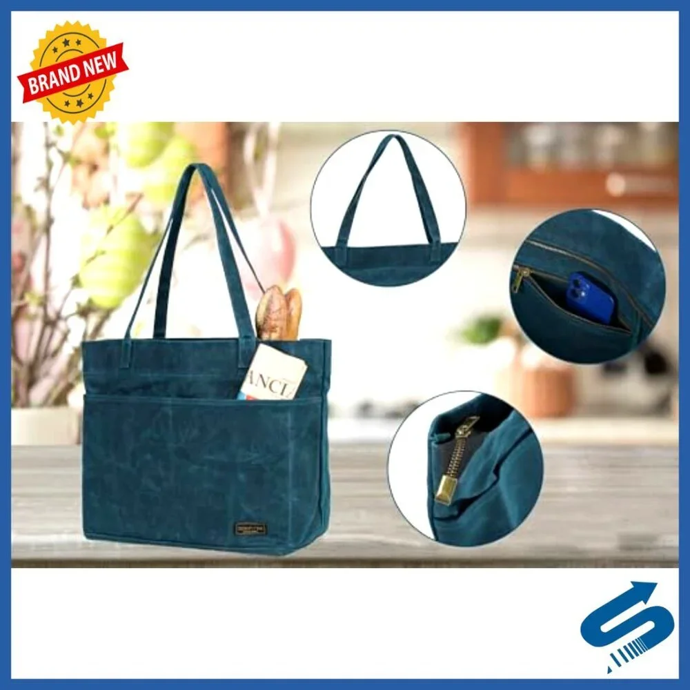 Heavy-Duty Waxed Canvas Tote Bag with Zipper Compartments and Carry Handle